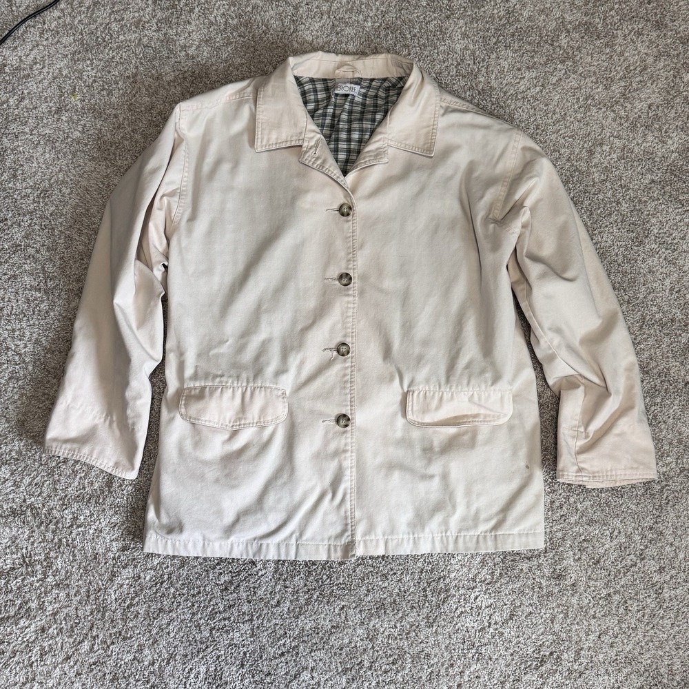 Womens Barn Chore Coat XL Ecru Oat Plaid Lined Vintage Cotton Jacket Minimalist